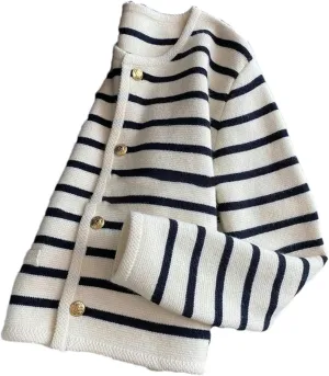 Women Spring Autumn Sweaters O-Neck Stripe Knitted Cardigan Long Sleeve Casual Short Tops Korean Style