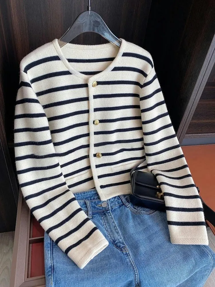 Women Spring Autumn Sweaters O-Neck Stripe Knitted Cardigan Long Sleeve Casual Short Tops Korean Style