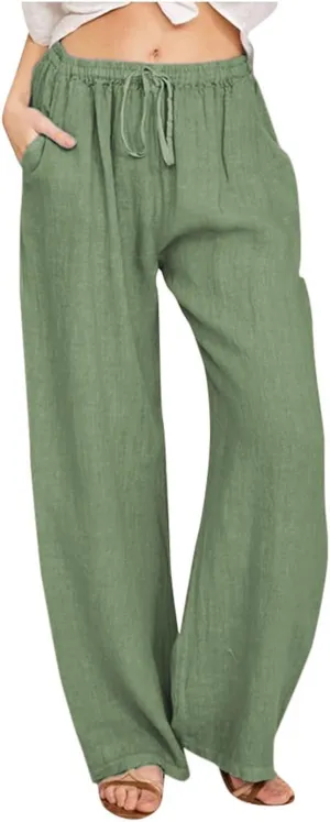 Women Summer Casual Drawstring Waist Cotton Linen Pants Wide Leg Flowy Beach Palazzo Slacks Cute Lightweight Trousers