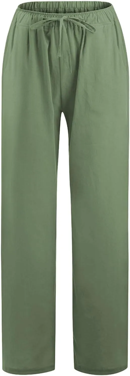 Women Summer Casual Drawstring Waist Cotton Linen Pants Wide Leg Flowy Beach Palazzo Slacks Cute Lightweight Trousers