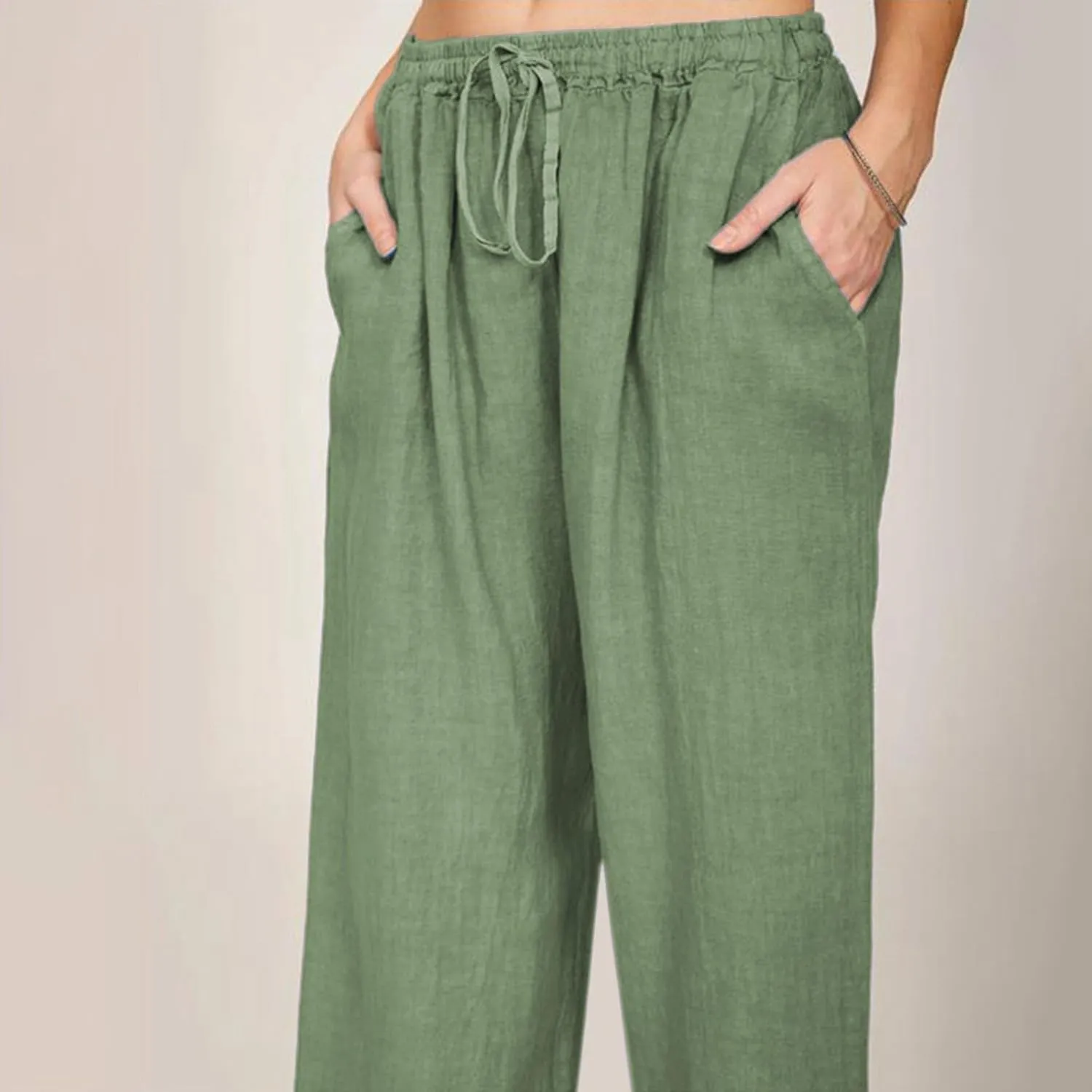 Women Summer Casual Drawstring Waist Cotton Linen Pants Wide Leg Flowy Beach Palazzo Slacks Cute Lightweight Trousers