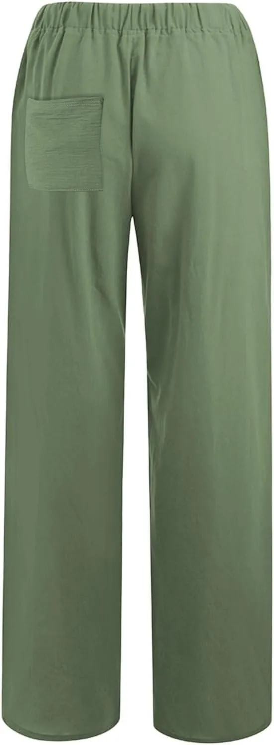 Women Summer Casual Drawstring Waist Cotton Linen Pants Wide Leg Flowy Beach Palazzo Slacks Cute Lightweight Trousers