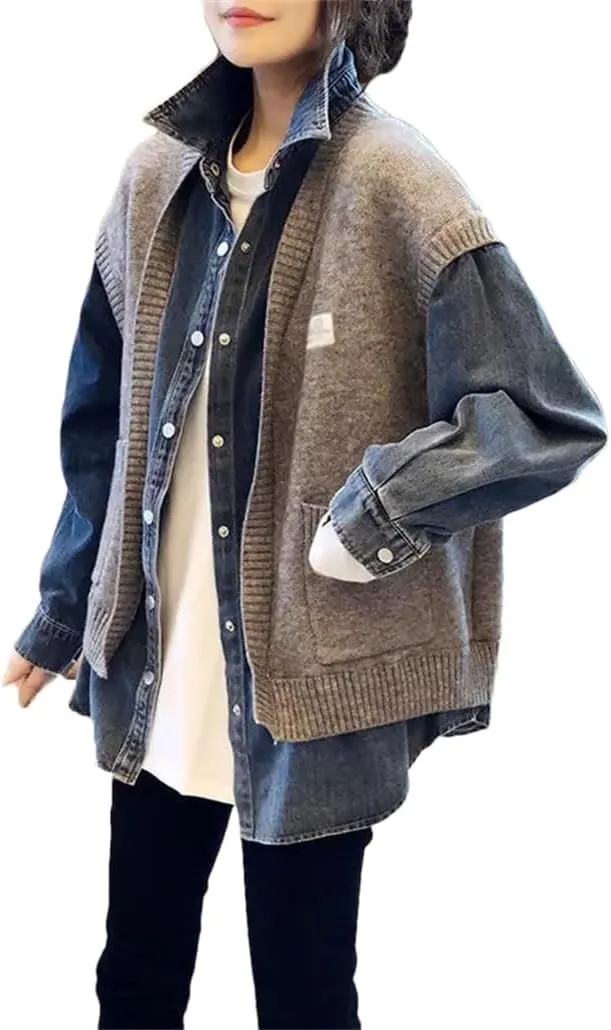 Women Sweaters Knit Sweater Cardigan Coat Stitching Fake 2 Pieces Denim Jacket Tops Streetwear