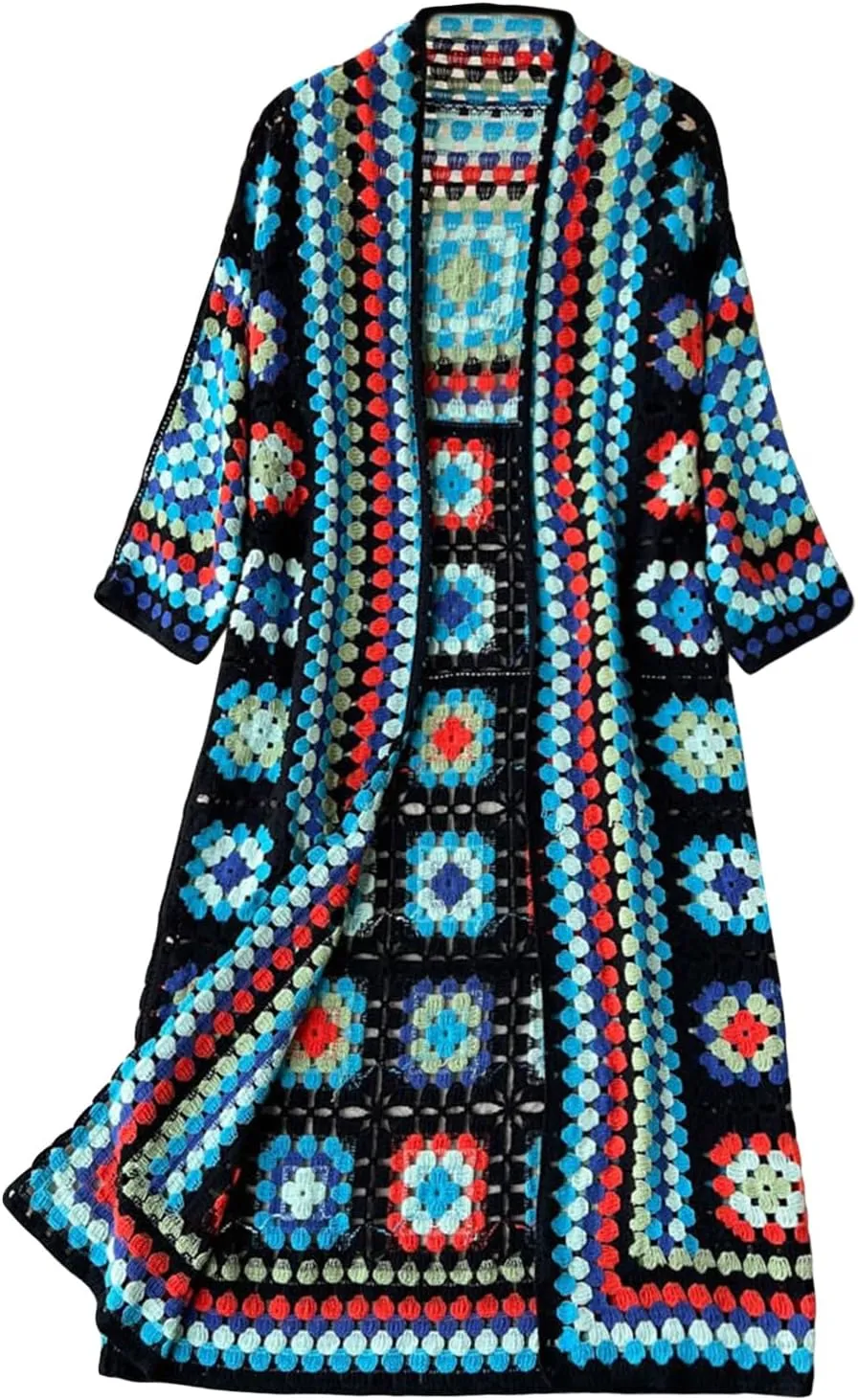 Women Vintage Crochet Granny Square Cardigan Jumper Long Sleeve Open Front Floral Knit Sweater Knitwear Long Cardigan