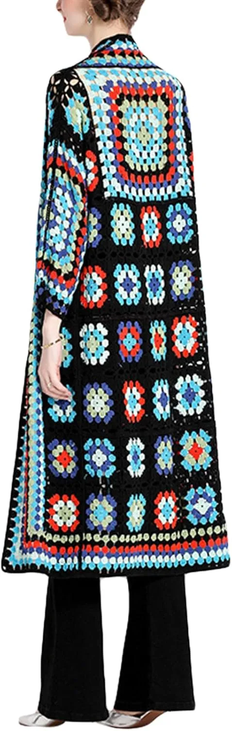 Women Vintage Crochet Granny Square Cardigan Jumper Long Sleeve Open Front Floral Knit Sweater Knitwear Long Cardigan