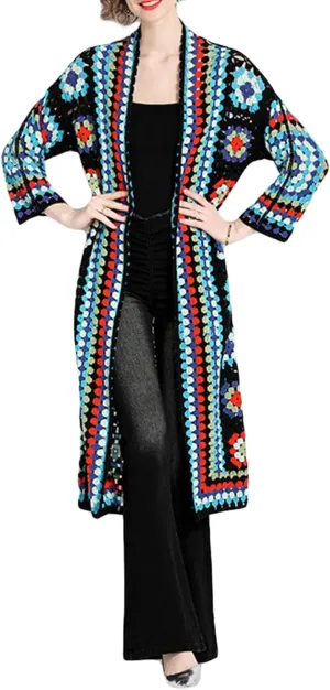 Women Vintage Crochet Granny Square Cardigan Jumper Long Sleeve Open Front Floral Knit Sweater Knitwear Long Cardigan