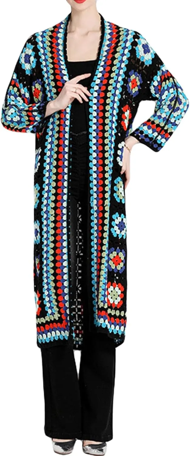 Women Vintage Crochet Granny Square Cardigan Jumper Long Sleeve Open Front Floral Knit Sweater Knitwear Long Cardigan