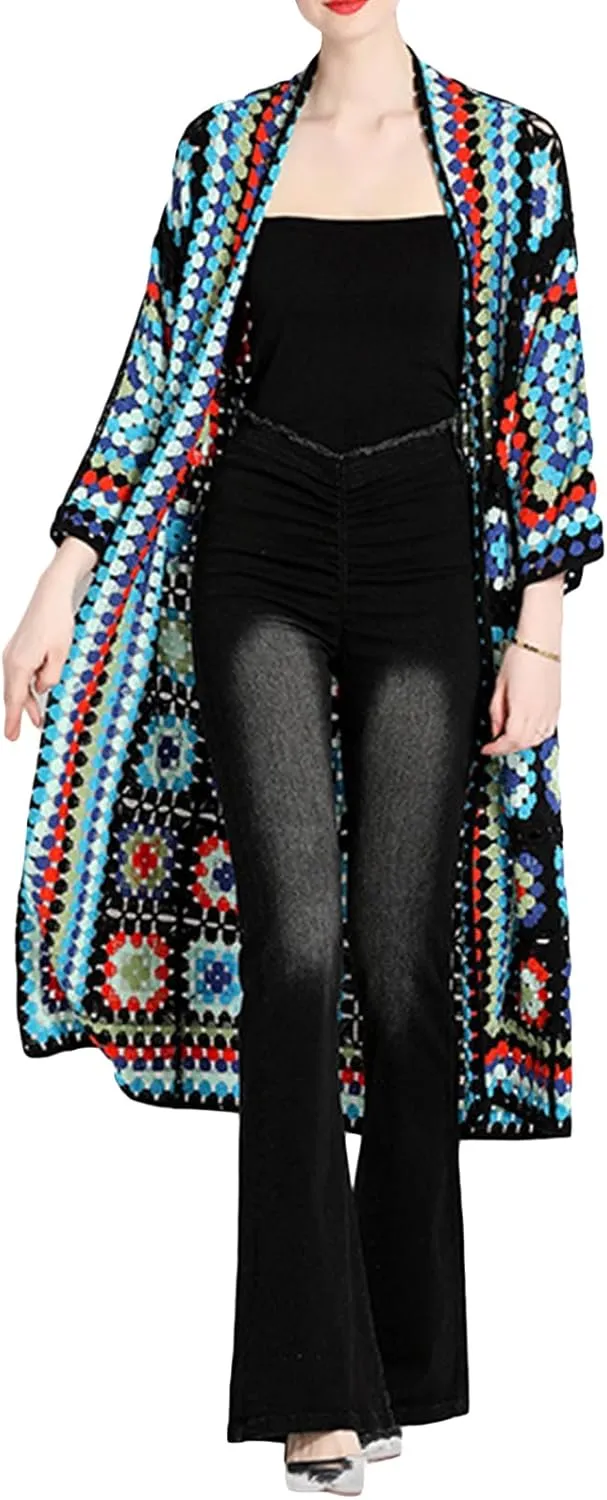 Women Vintage Crochet Granny Square Cardigan Jumper Long Sleeve Open Front Floral Knit Sweater Knitwear Long Cardigan