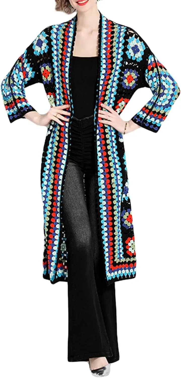 Women Vintage Crochet Granny Square Cardigan Jumper Long Sleeve Open Front Floral Knit Sweater Knitwear Long Cardigan
