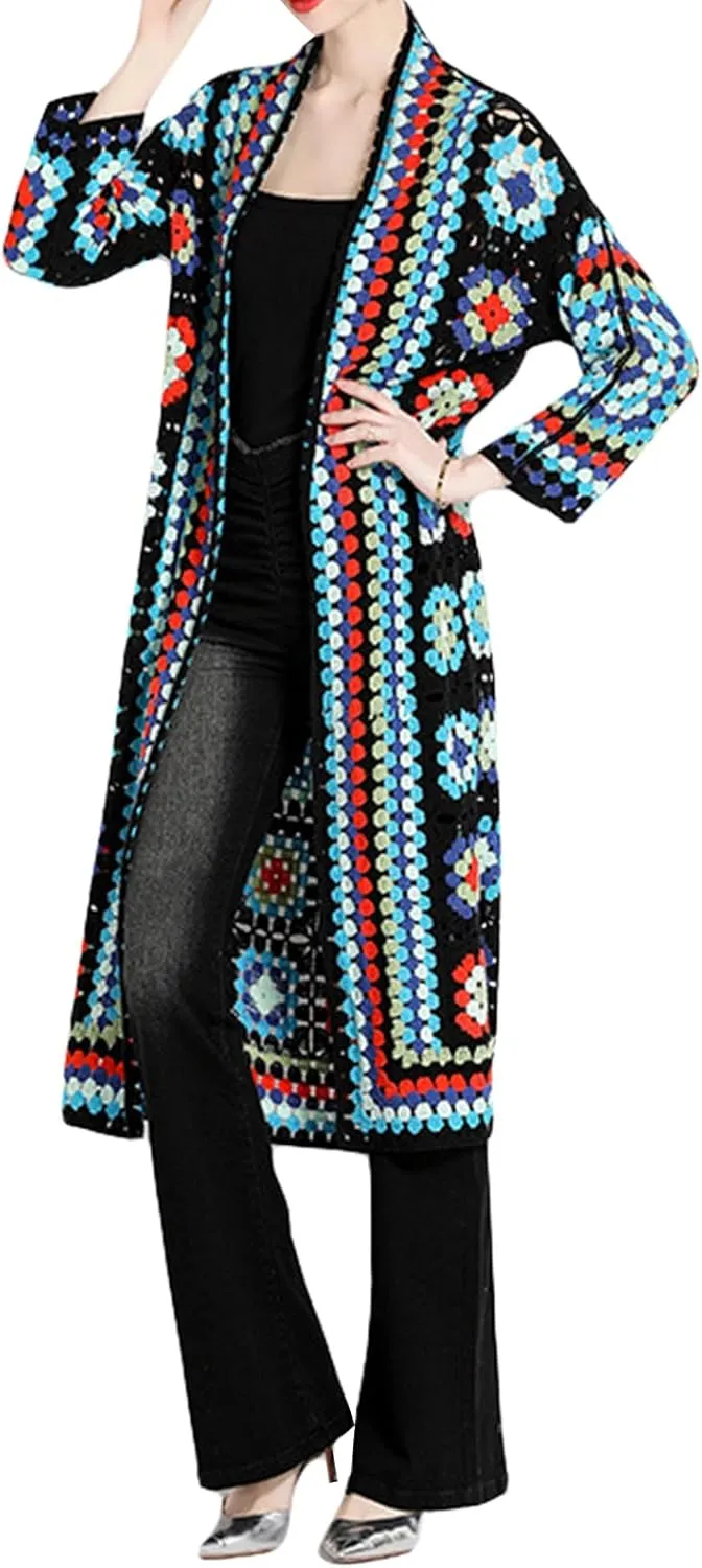 Women Vintage Crochet Granny Square Cardigan Jumper Long Sleeve Open Front Floral Knit Sweater Knitwear Long Cardigan
