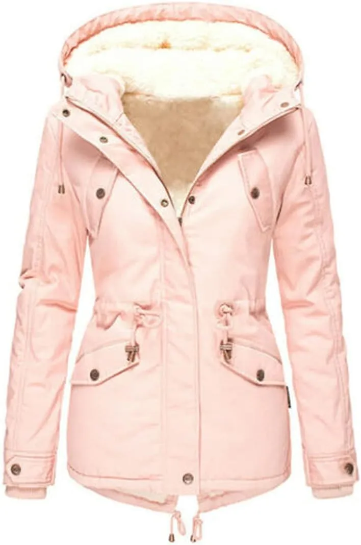 Women Winter Plus Size Parkas Warm Slim Jackets Solid Hooded Drawstring Waist Padded Thick Cotton Coat