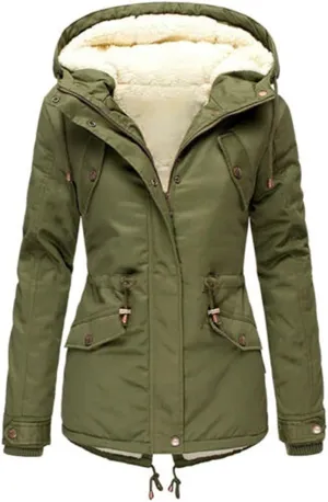 Women Winter Plus Size Parkas Warm Slim Jackets Solid Hooded Drawstring Waist Padded Thick Cotton Coat