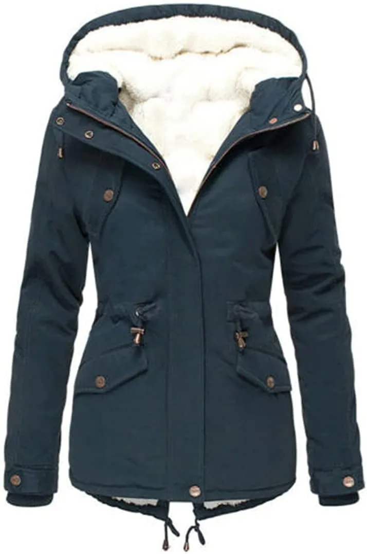 Women Winter Plus Size Parkas Warm Slim Jackets Solid Hooded Drawstring Waist Padded Thick Cotton Coat