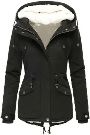 Women Winter Plus Size Parkas Warm Slim Jackets Solid Hooded Drawstring Waist Padded Thick Cotton Coat
