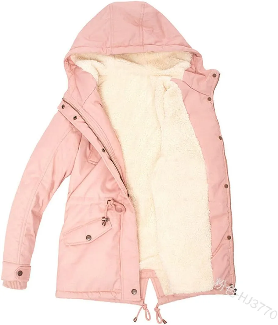 Women Winter Plus Size Parkas Warm Slim Jackets Solid Hooded Drawstring Waist Padded Thick Cotton Coat