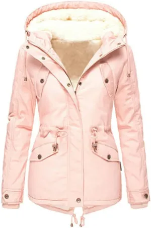 Women Winter Plus Size Parkas Warm Slim Jackets Solid Hooded Drawstring Waist Padded Thick Cotton Coat