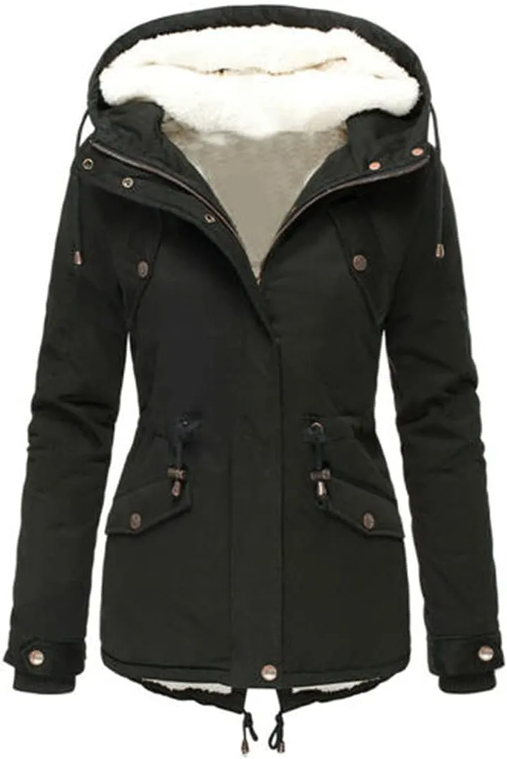Women Winter Plus Size Parkas Warm Slim Jackets Solid Hooded Drawstring Waist Padded Thick Cotton Coat