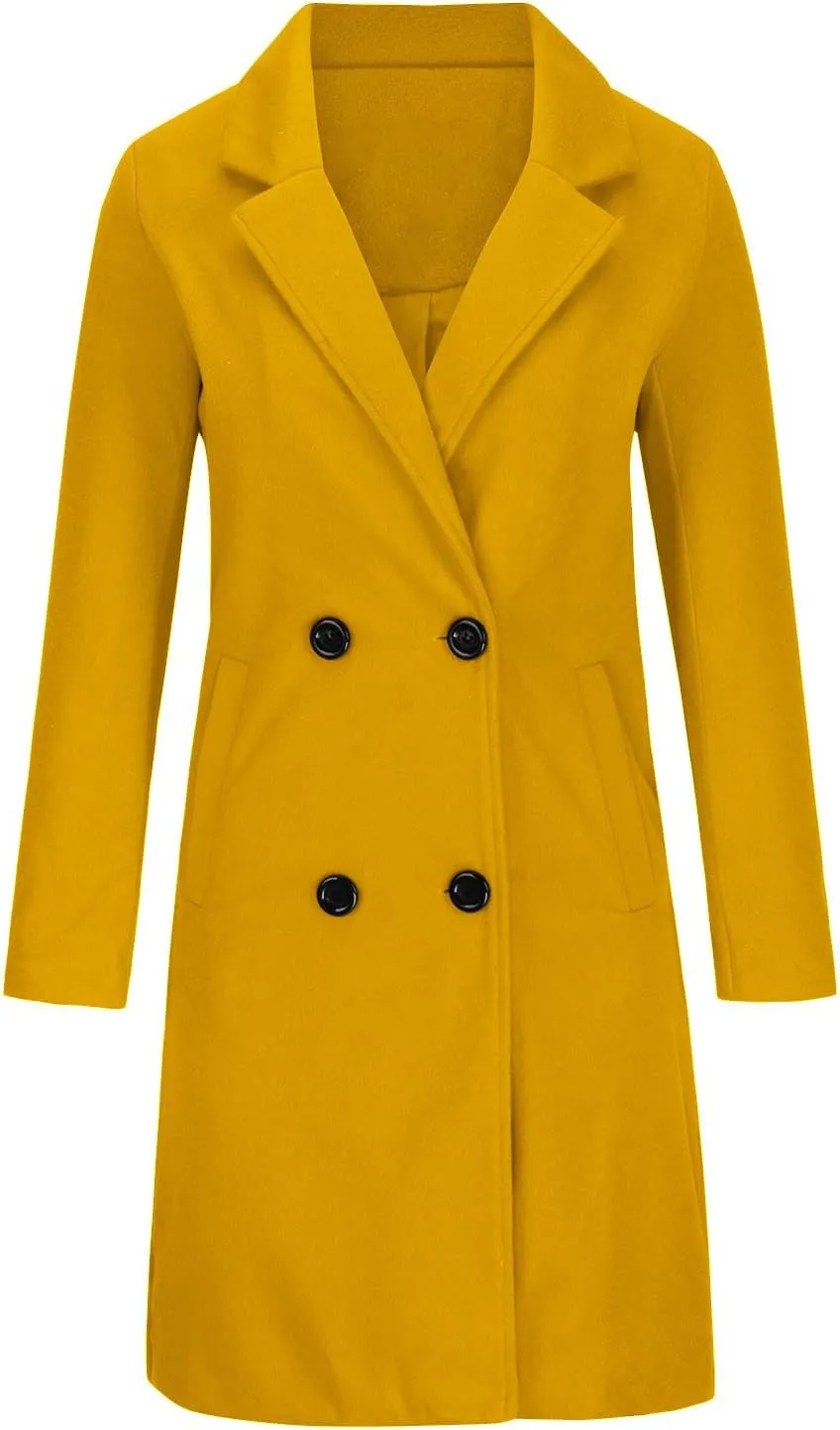 Women Winter Wool Blend Mid-Long Coat Notch Double-Breasted Lapel Jacket Outwear Business Casual Trench Coat Overcoats