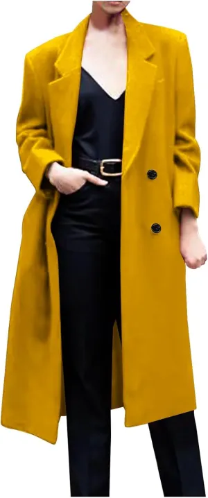 Women Winter Wool Blend Mid-Long Coat Notch Double-Breasted Lapel Jacket Outwear Business Casual Trench Coat Overcoats