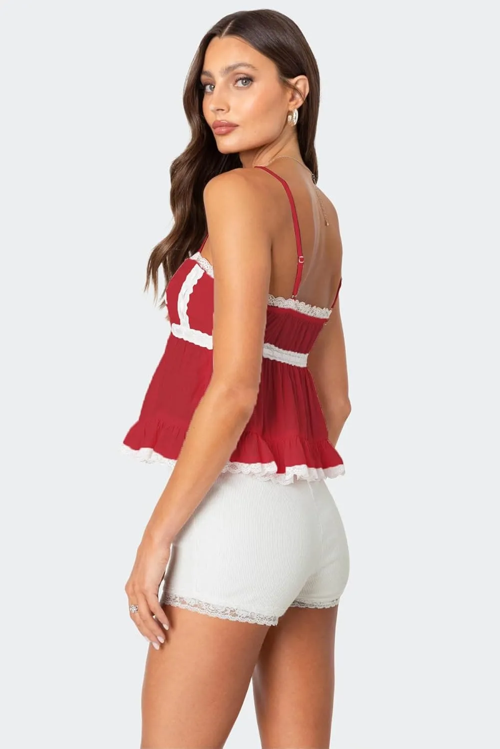 Women Y2k Babydoll Tank Top Spaghetti Strap Lace Trim Cami Peplum Top Flowy Sleeveless Shirts Camisole