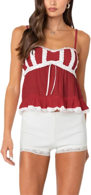 Women Y2k Babydoll Tank Top Spaghetti Strap Lace Trim Cami Peplum Top Flowy Sleeveless Shirts Camisole