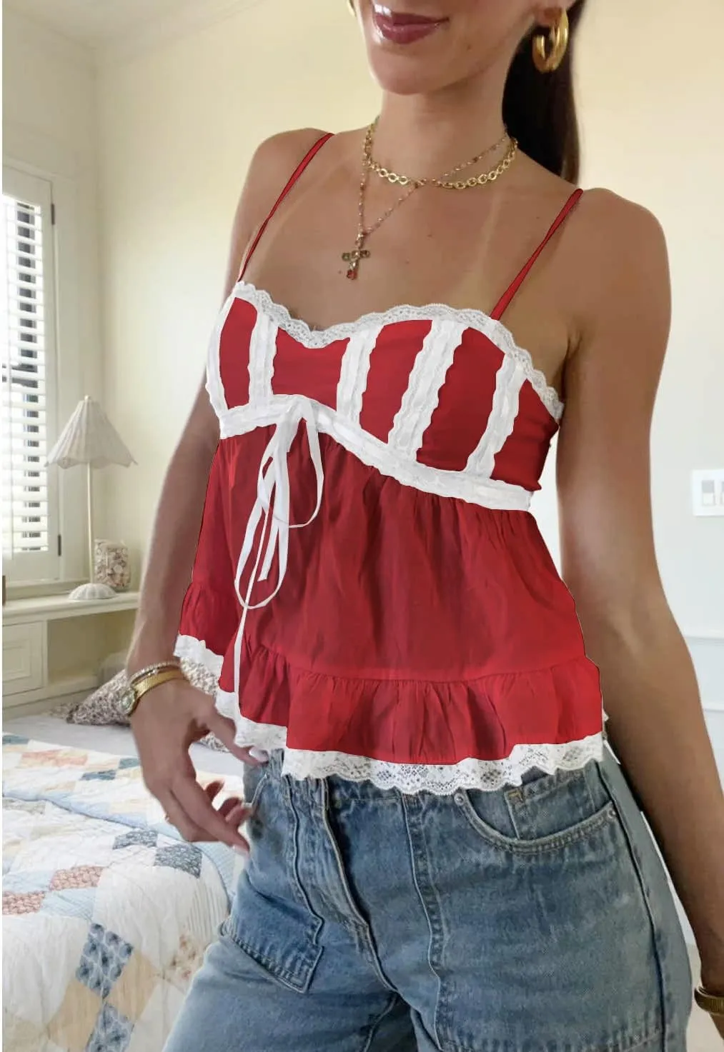 Women Y2k Babydoll Tank Top Spaghetti Strap Lace Trim Cami Peplum Top Flowy Sleeveless Shirts Camisole