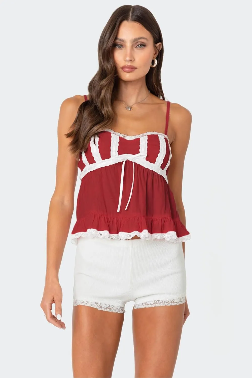 Women Y2k Babydoll Tank Top Spaghetti Strap Lace Trim Cami Peplum Top Flowy Sleeveless Shirts Camisole