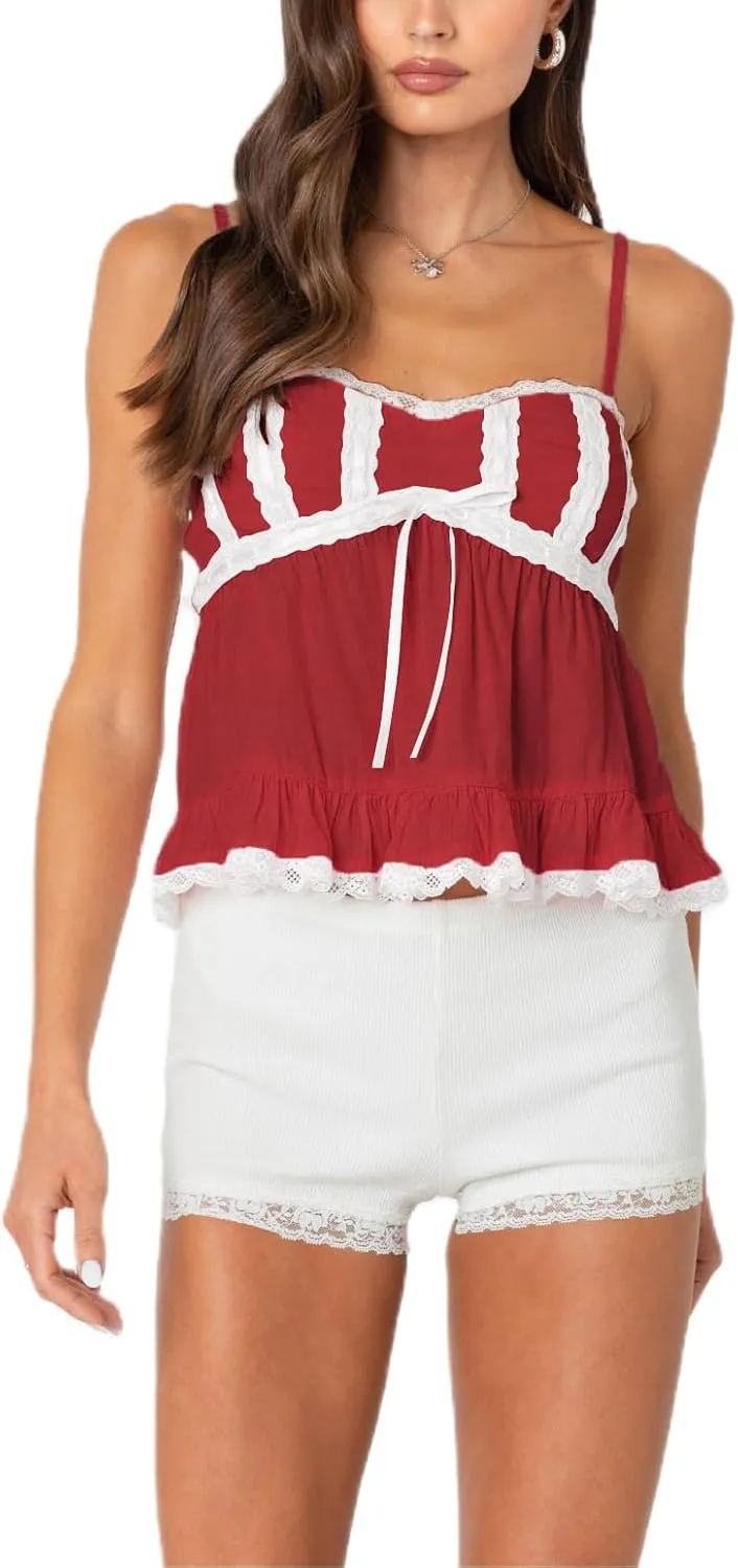 Women Y2k Babydoll Tank Top Spaghetti Strap Lace Trim Cami Peplum Top Flowy Sleeveless Shirts Camisole
