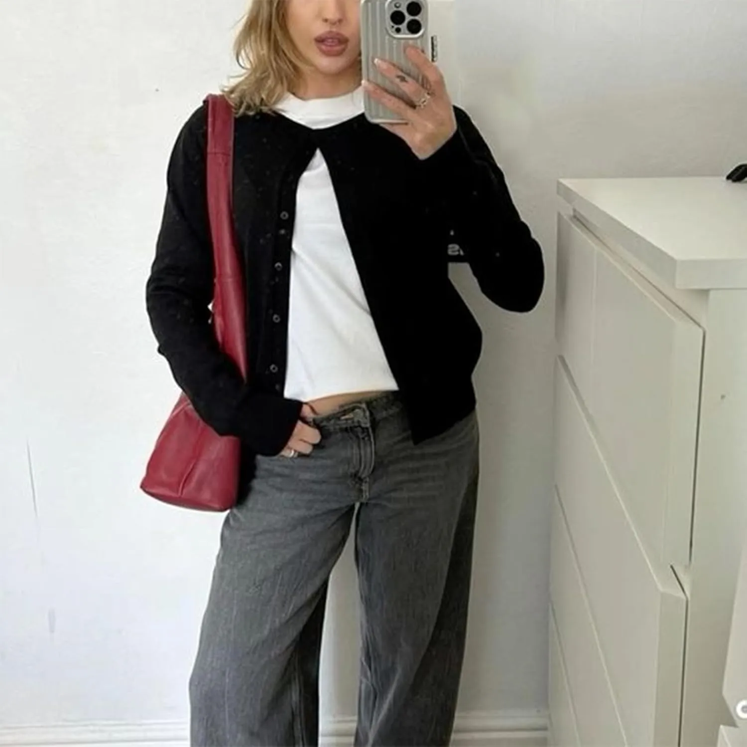 Women Y2k Button Down Crop Sweater Cardigan Long Sleeve Open Front Crewneck Cardigan Cute Knit Pullover Tops