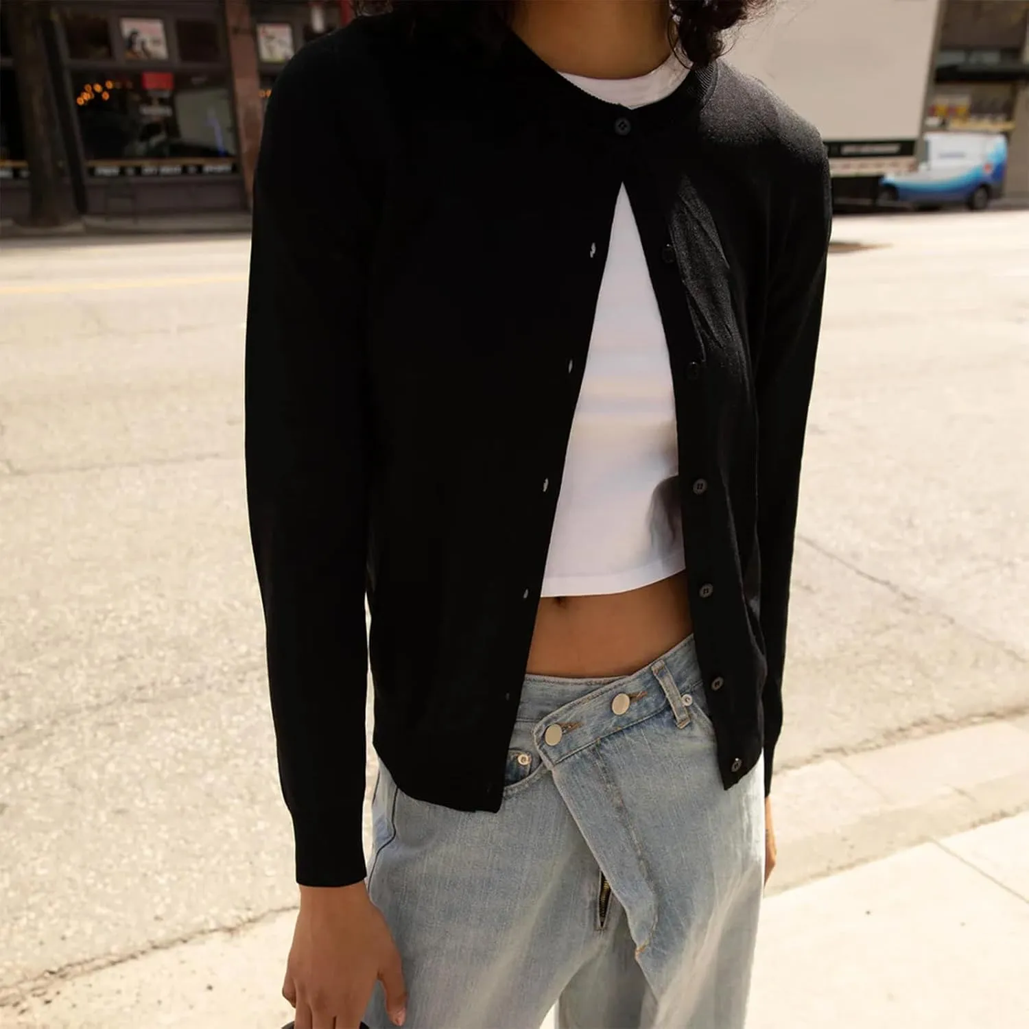 Women Y2k Button Down Crop Sweater Cardigan Long Sleeve Open Front Crewneck Cardigan Cute Knit Pullover Tops