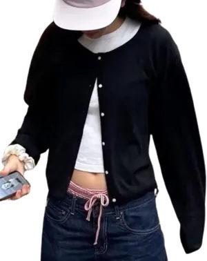 Women Y2k Button Down Crop Sweater Cardigan Long Sleeve Open Front Crewneck Cardigan Cute Knit Pullover Tops