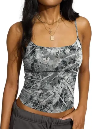 Women Y2k Camo Cami Top Spaghetti Strap Maple Print Crop Tank Top Vintage Camouflage Summer Camisole