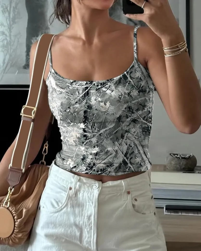 Women Y2k Camo Cami Top Spaghetti Strap Maple Print Crop Tank Top Vintage Camouflage Summer Camisole