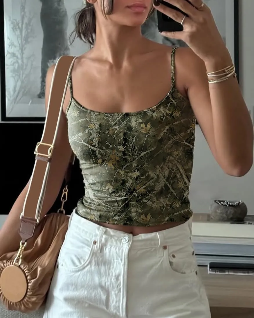 Women Y2k Camo Cami Top Spaghetti Strap Maple Print Crop Tank Top Vintage Camouflage Summer Camisole