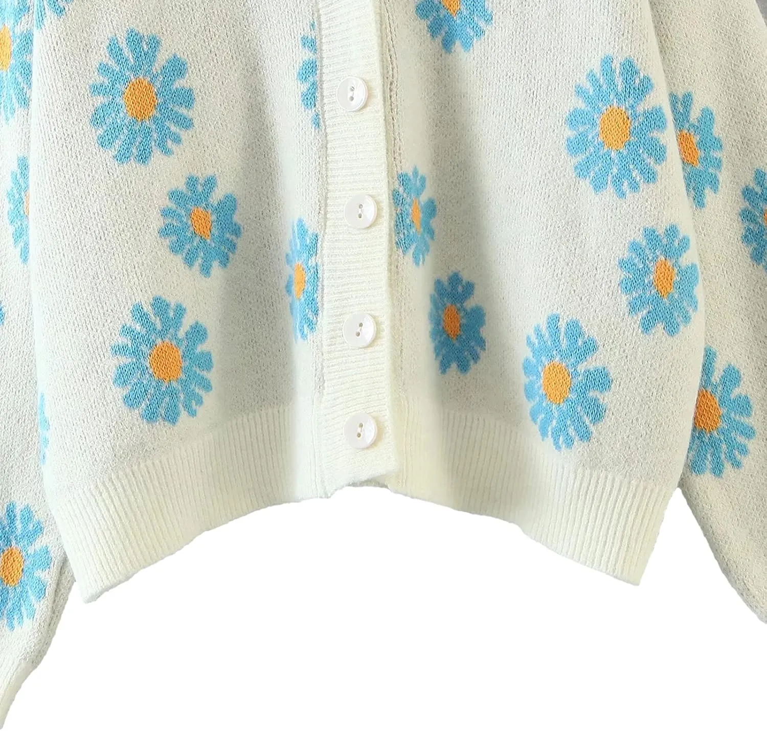 Women Y2K Floral Print Knit Cardigan Sweater Long Sleeve V Neck Button Down Sweater Vintage Aesthetic 90s Outerwear Tops