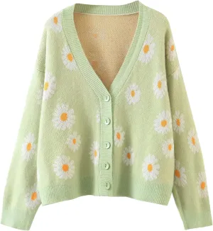 Women Y2K Floral Print Knit Cardigan Sweater Long Sleeve V Neck Button Down Sweater Vintage Aesthetic 90s Outerwear Tops