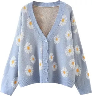 Women Y2K Floral Print Knit Cardigan Sweater Long Sleeve V Neck Button Down Sweater Vintage Aesthetic 90s Outerwear Tops