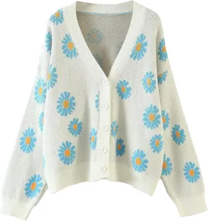 Women Y2K Floral Print Knit Cardigan Sweater Long Sleeve V Neck Button Down Sweater Vintage Aesthetic 90s Outerwear Tops
