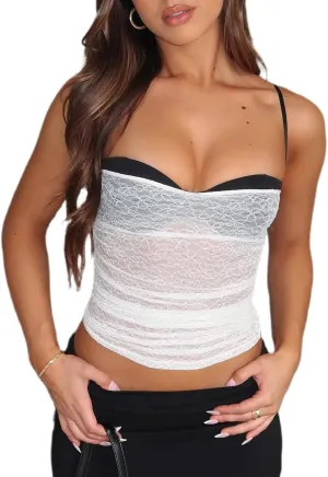 Women Y2k Lace Cami Top Sexy Corset Spaghetti Strap Tank Top Patchwork Camisole Going Out Streetwear