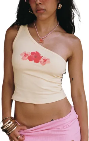 Women Y2k One Shoulder Tank Top Backless Flower Print Crop Camisole Sleeveless Floral Vintage Graphic Tee Streetwear