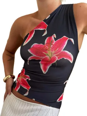 Women Y2k One Shoulder Tank Top Backless Flower Print Crop Camisole Sleeveless Floral Vintage Graphic Tee Streetwear