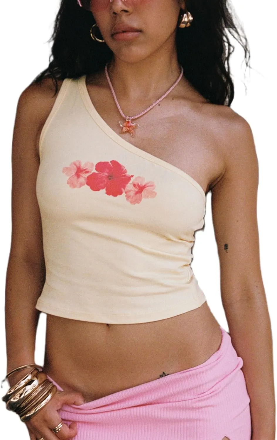 Women Y2k One Shoulder Tank Top Backless Flower Print Crop Camisole Sleeveless Floral Vintage Graphic Tee Streetwear