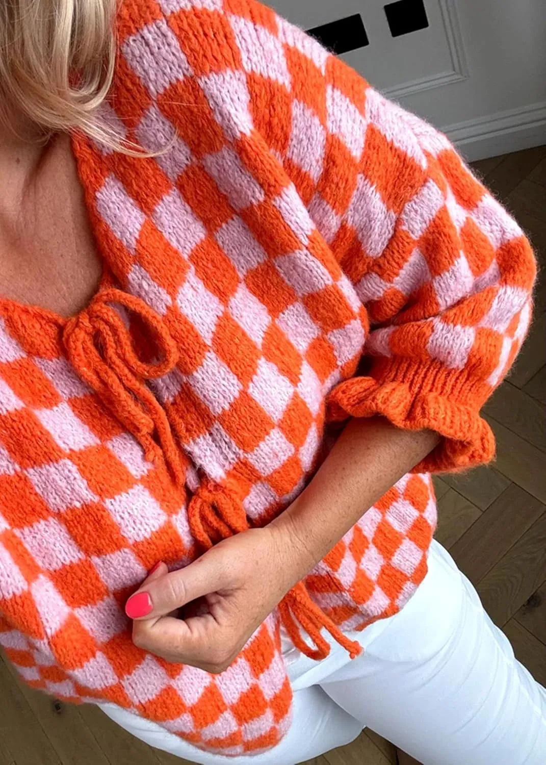 Women Y2K Tie Front Cardigan Sweater Ruffle Short Sleeve Checkered Open Front Knit Sweater Cute Loose Knitwear Tops