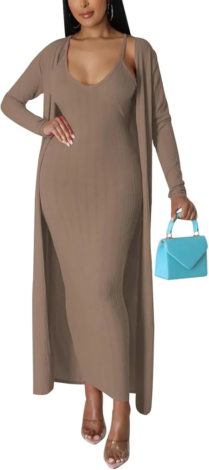 Women's 2 Piece Outfits Sexy Dress Long Kimono Cover ups Casual Matching Suit Club Cocktail Outwear 2023