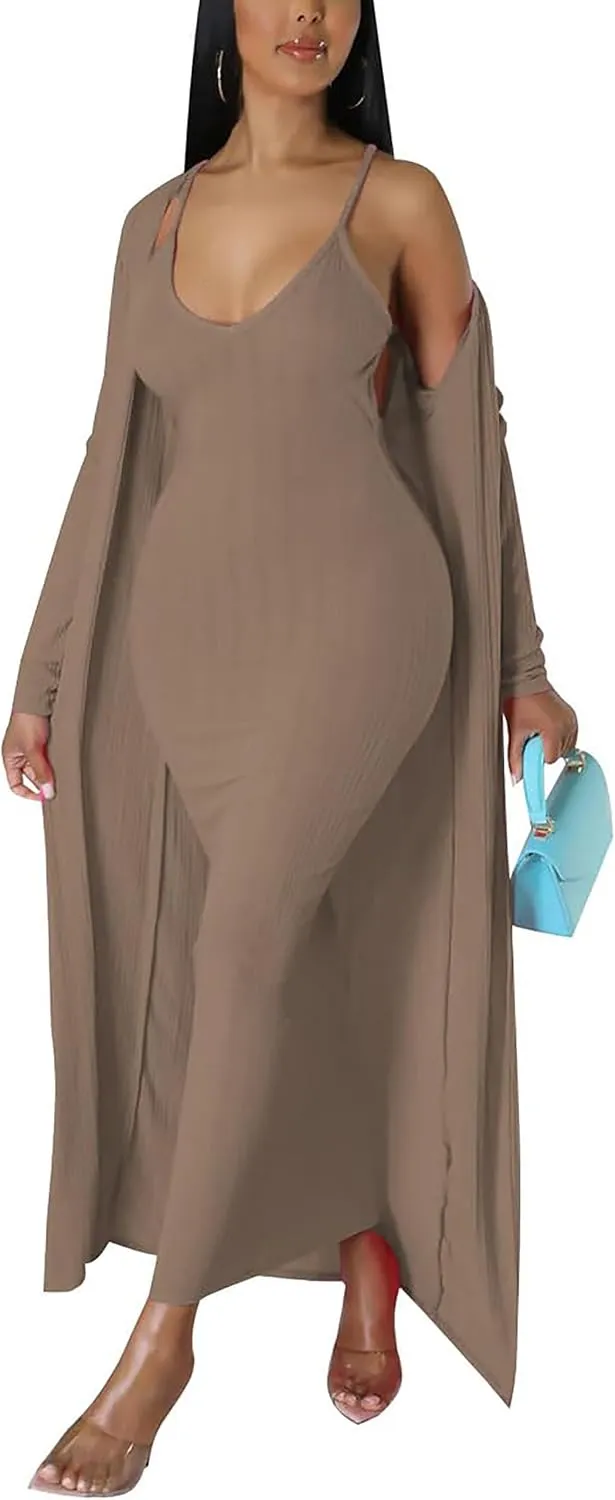 Women's 2 Piece Outfits Sexy Dress Long Kimono Cover ups Casual Matching Suit Club Cocktail Outwear 2023