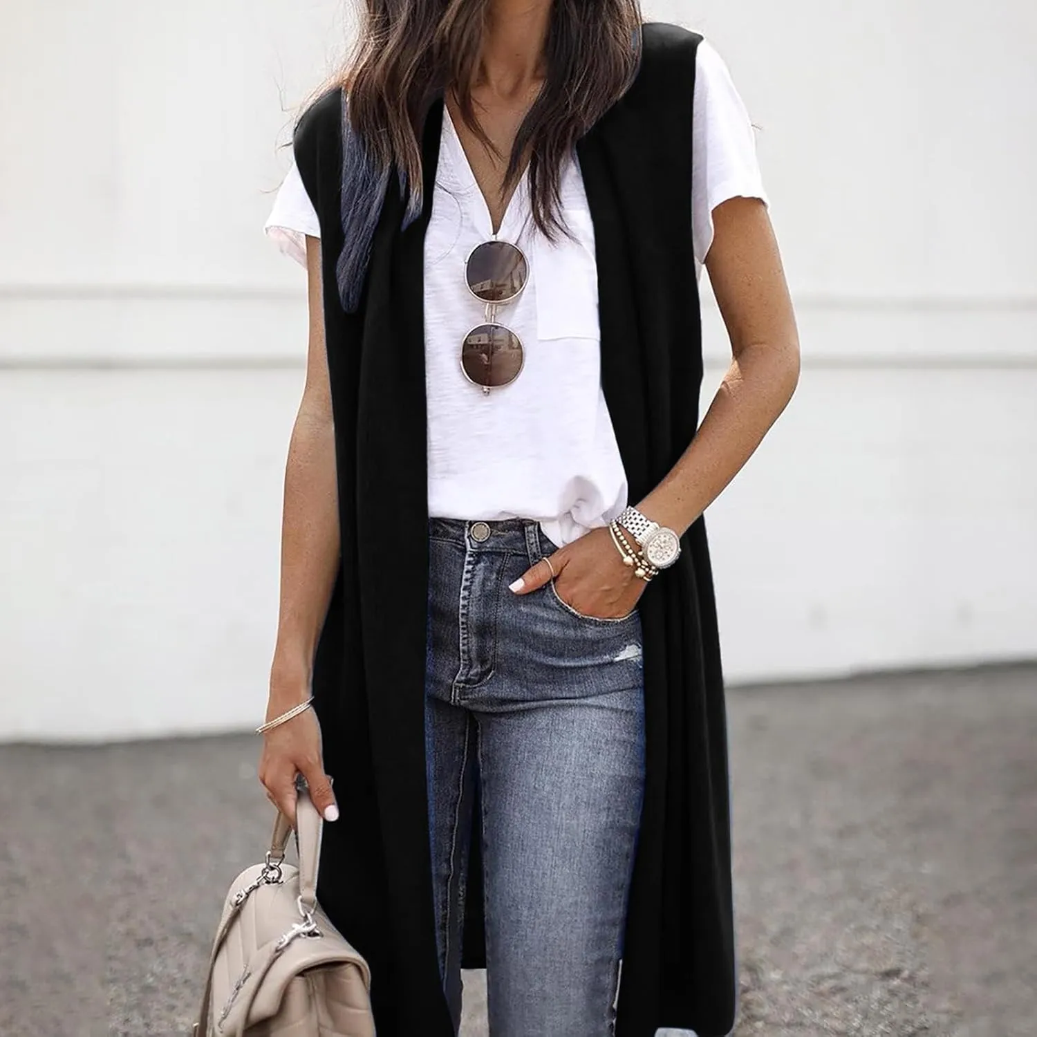 Women's 2024 Spring Fall Sleeveless Open Front Cardigan Vest Lightweight Casual Soft Loose Solid Color Long Coat