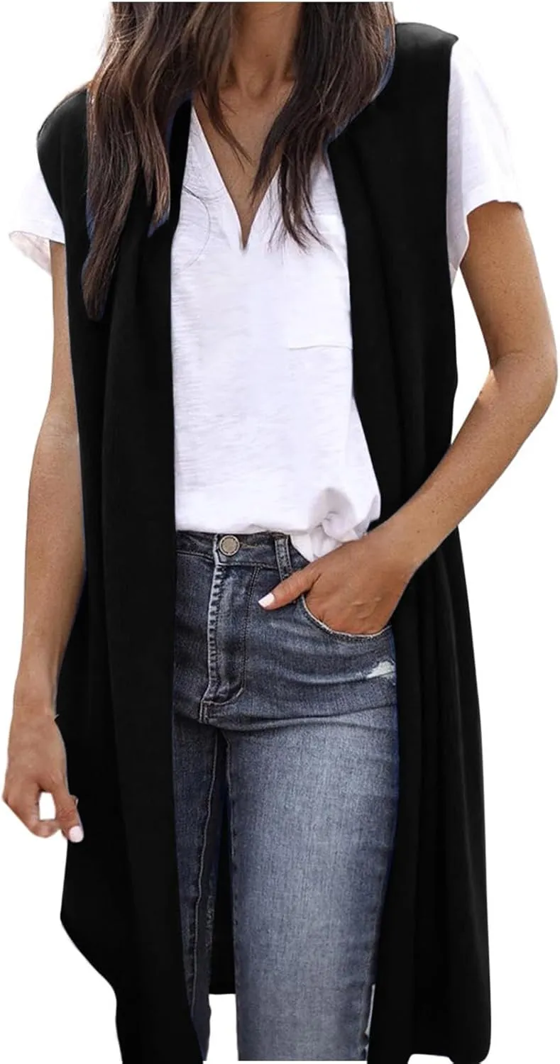 Women's 2024 Spring Fall Sleeveless Open Front Cardigan Vest Lightweight Casual Soft Loose Solid Color Long Coat