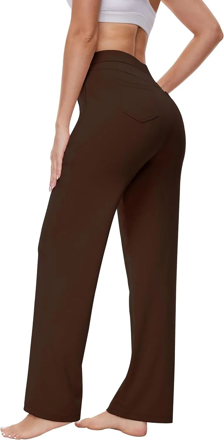 Womens 27"/29"/31" Wide Leg Pull On Loose Yoga Gym Pants, High Waist Tall, Petite, Regular Work Business Slacks