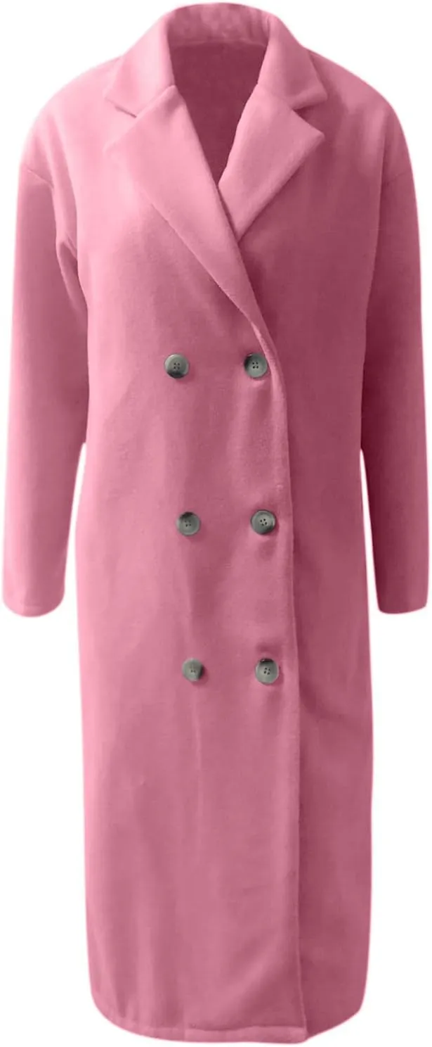 Women's Basic Designed Notch Lapel Double Breasted Mid-Long Wool Pea Coat Casual Loose Overcoats Winter Trench Coats