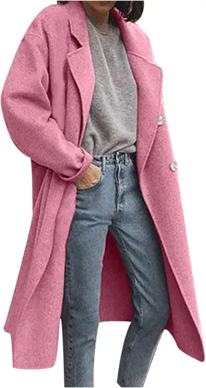 Women's Basic Designed Notch Lapel Double Breasted Mid-Long Wool Pea Coat Casual Loose Overcoats Winter Trench Coats